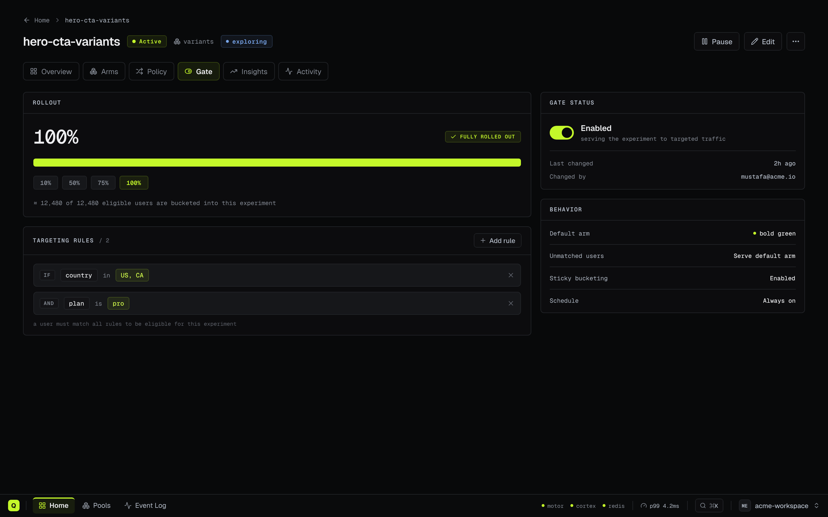 qbrix console gate tab — feature gate rules and rollout