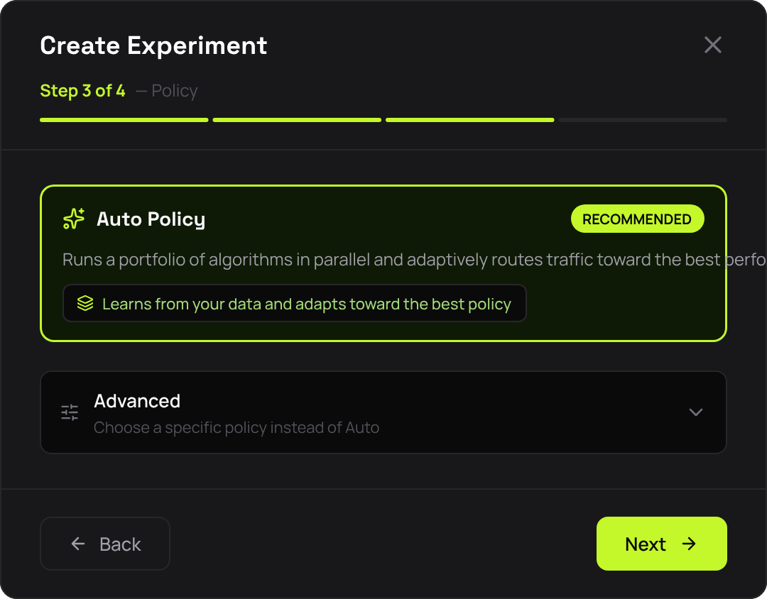 Create experiment — policy step with auto highlighted